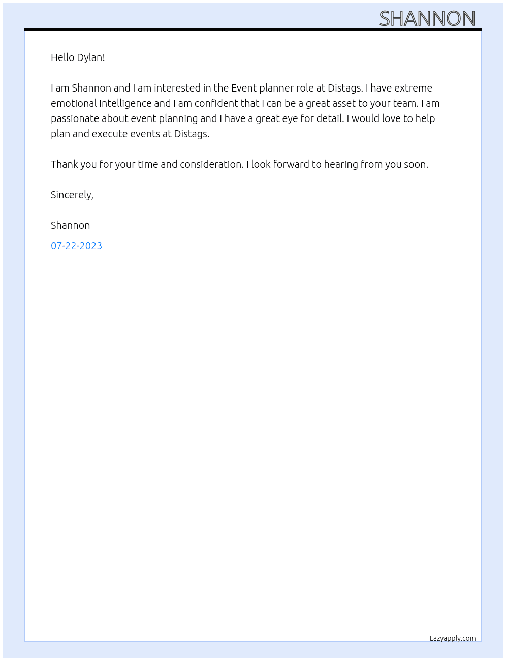 Event planner  At Distags  Cover Letter