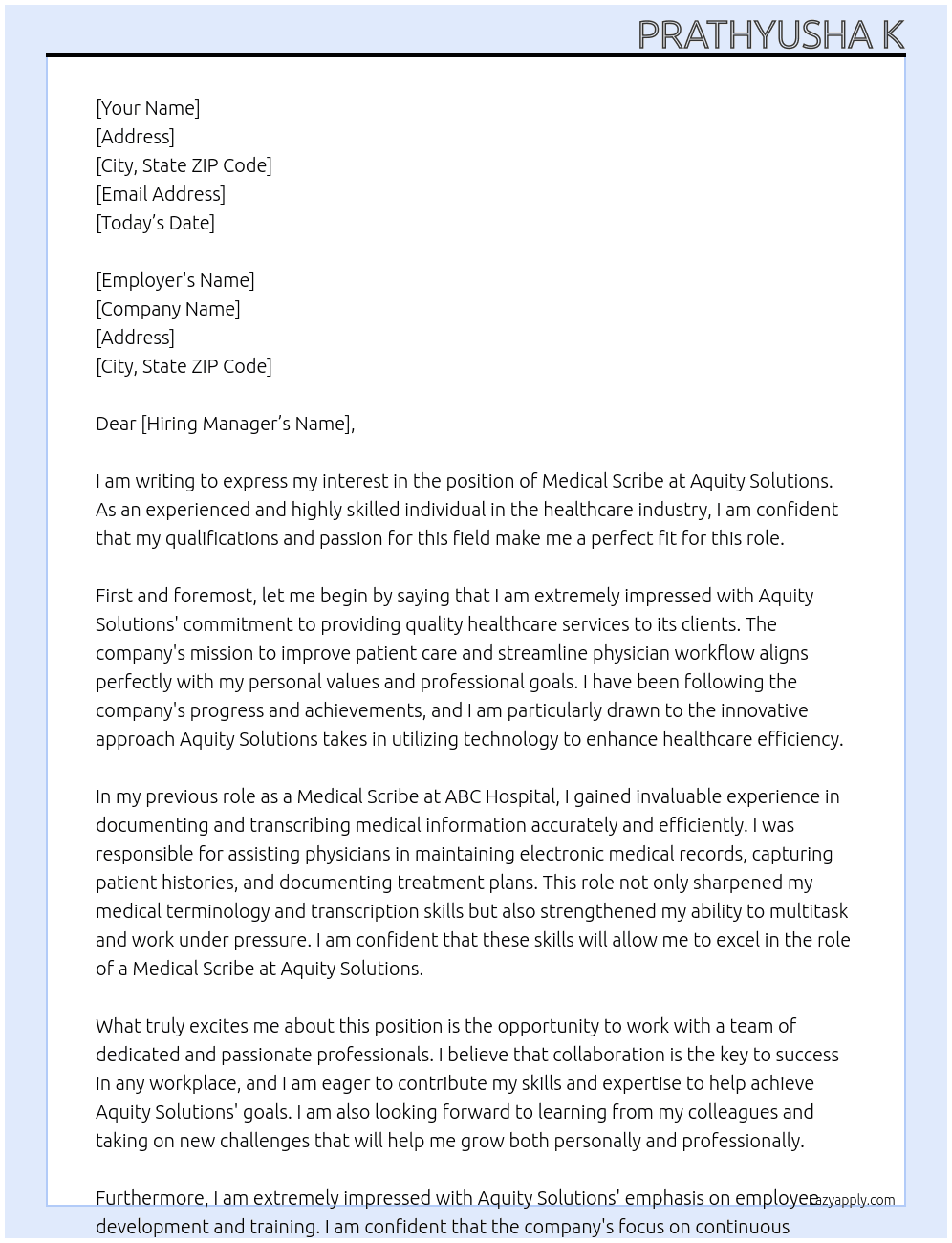 Medical scribe  At aquity solutions Cover Letter