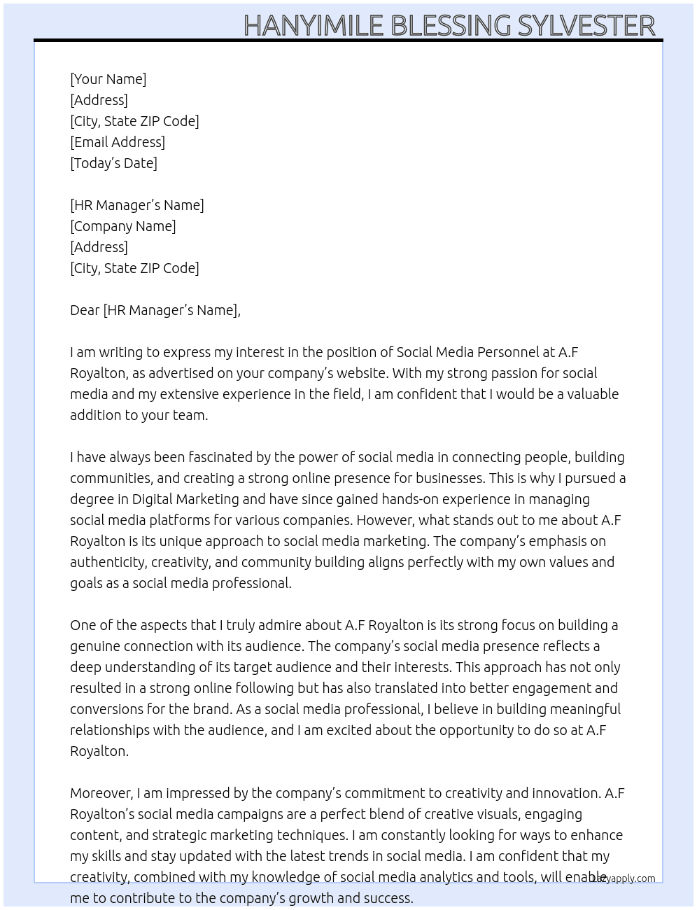 Social media personnel  At A.F Royalton  Cover Letter