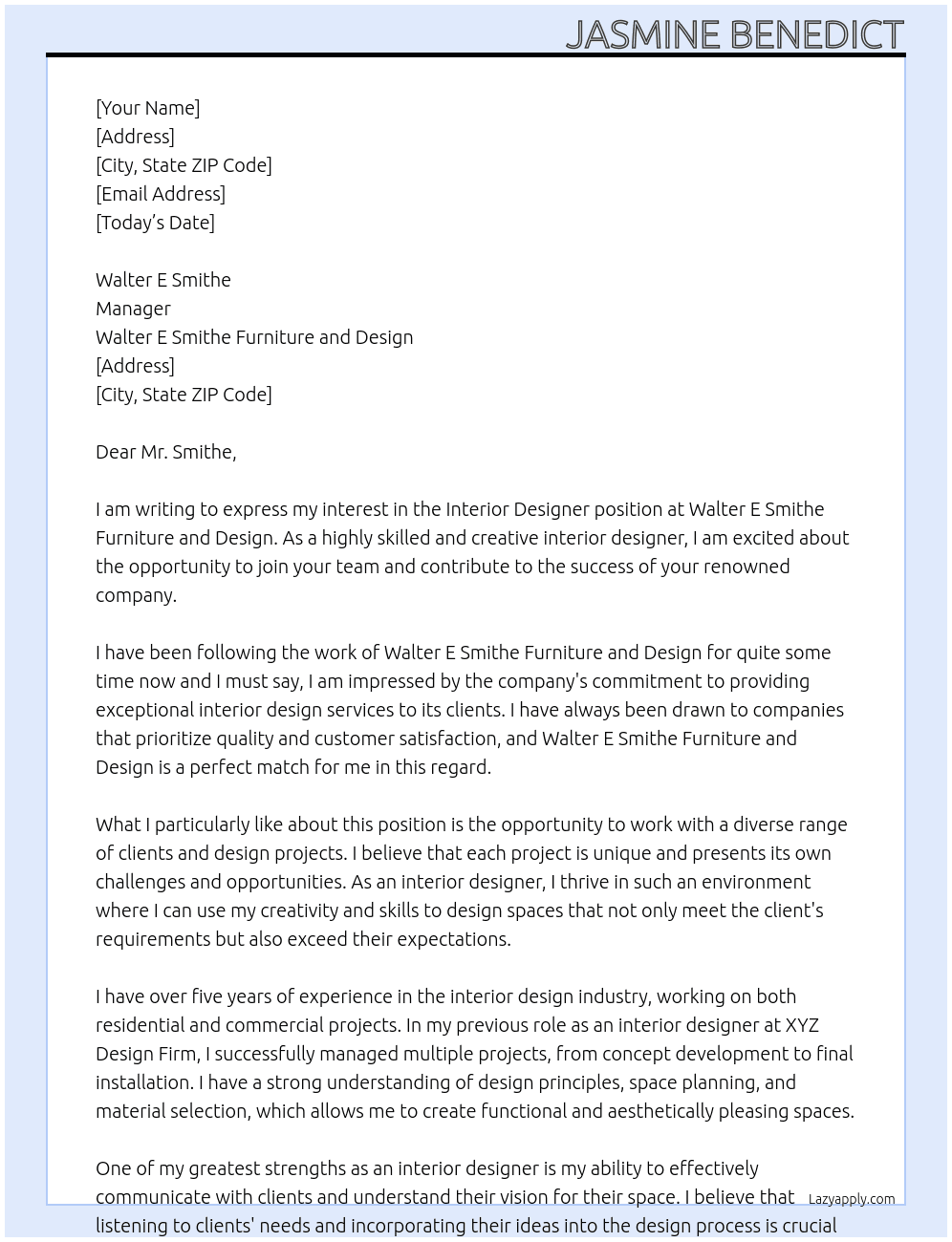 Interior Designer At Walter E smithe furniture and design Cover Letter