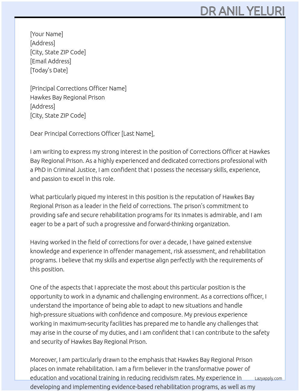 corrections officer At Hawkes Bay Regional Prison Cover Letter