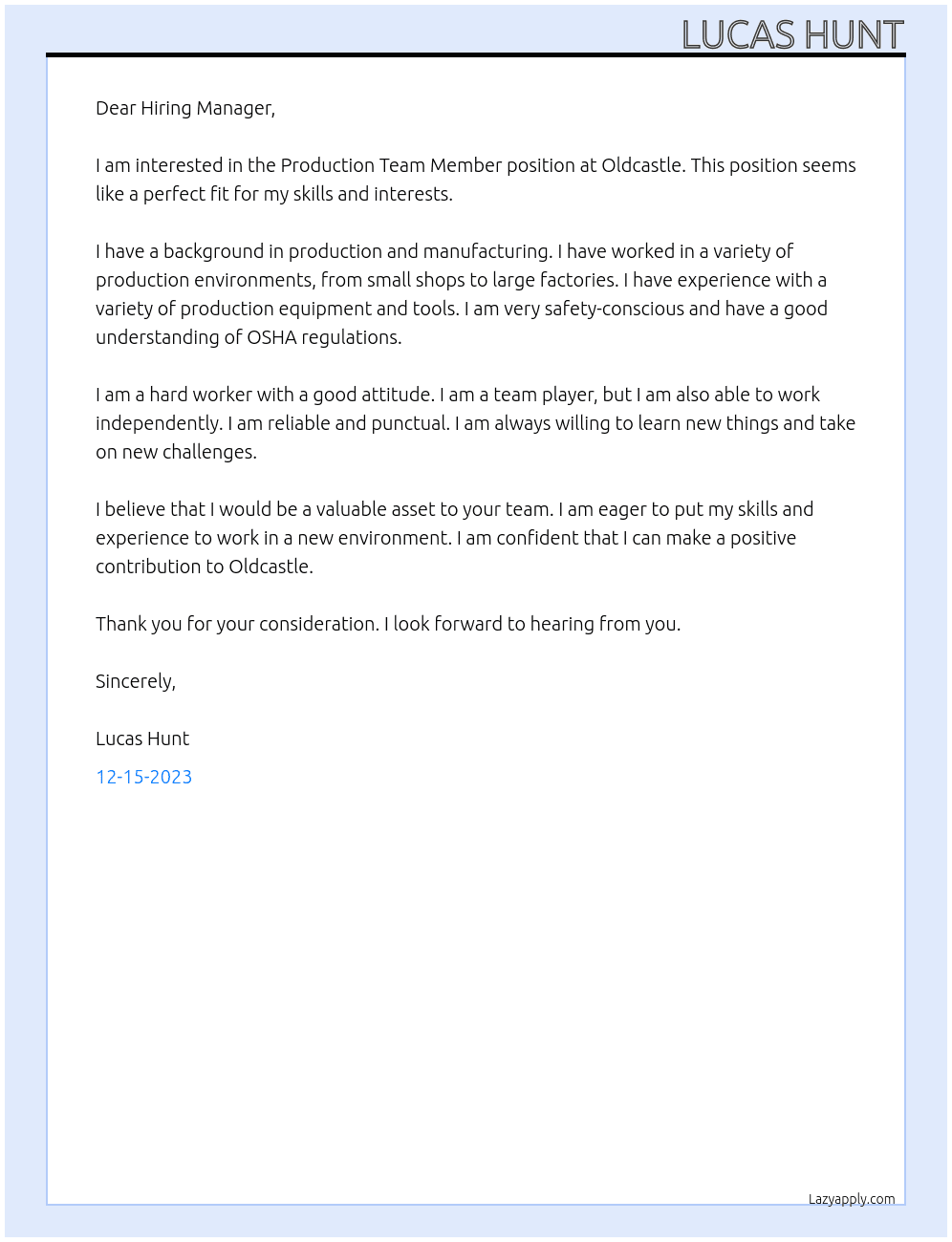 Production Team Member At Oldcastle Cover Letter