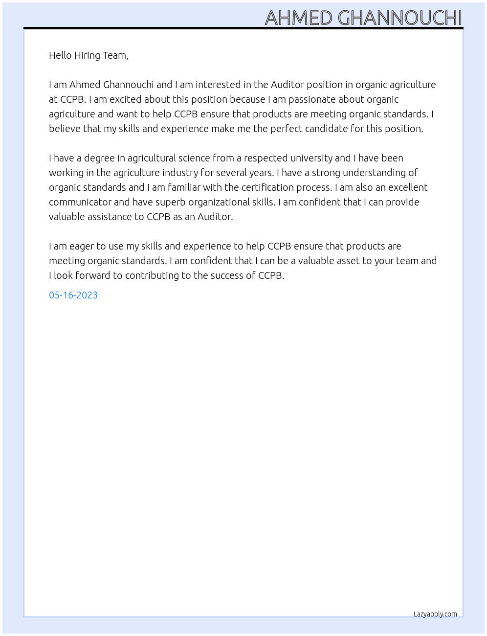 Auditor in organic agriculture At CCPB Cover Letter