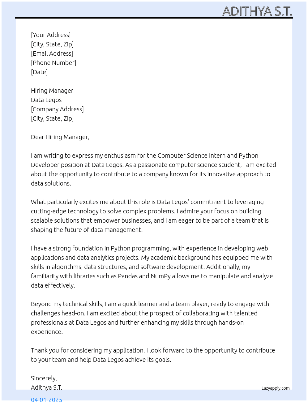 Computer Science Intern and Python Developer At Data Legos Cover Letter