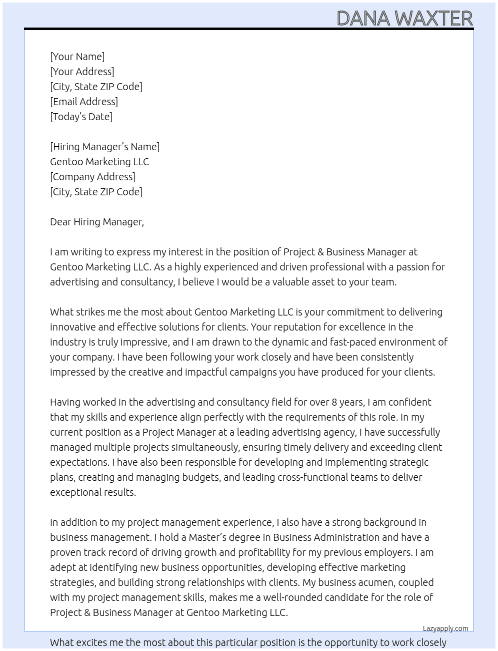 Project & Business Manager (Advertising Consultancy) At Gentoo Marketing LLC Cover Letter