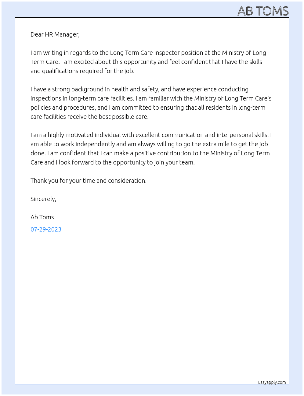 Long Term Care Inspector At Ministry of Long Term care Cover Letter