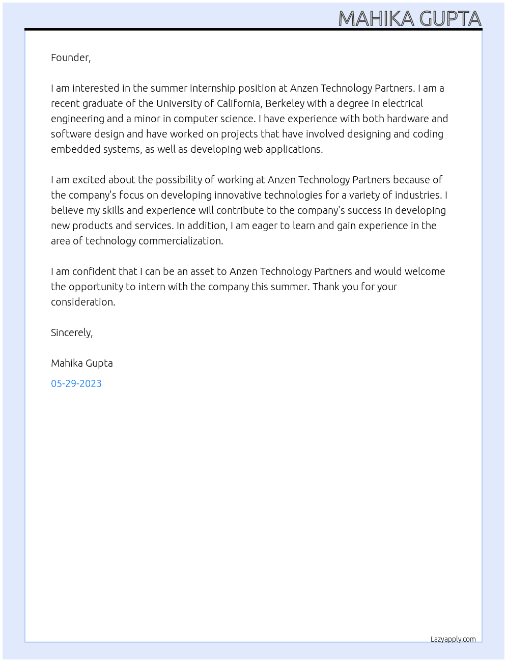 Summer Intern At Anzen Technology Partnera Cover Letter