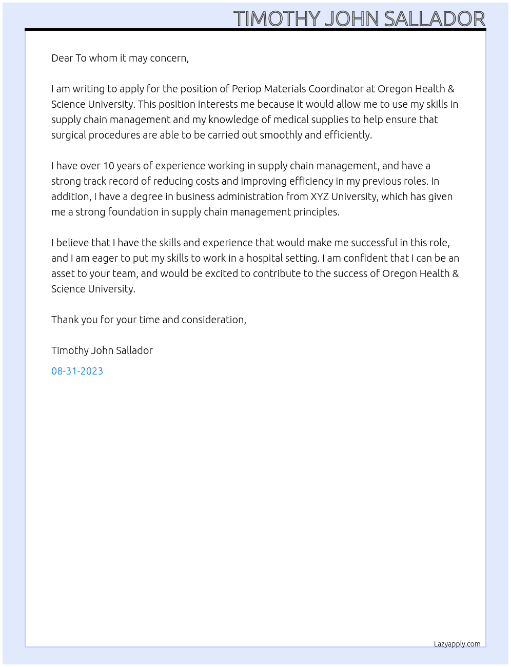 Periop Materials Coordinator At Oregon Health & Science University Cover Letter