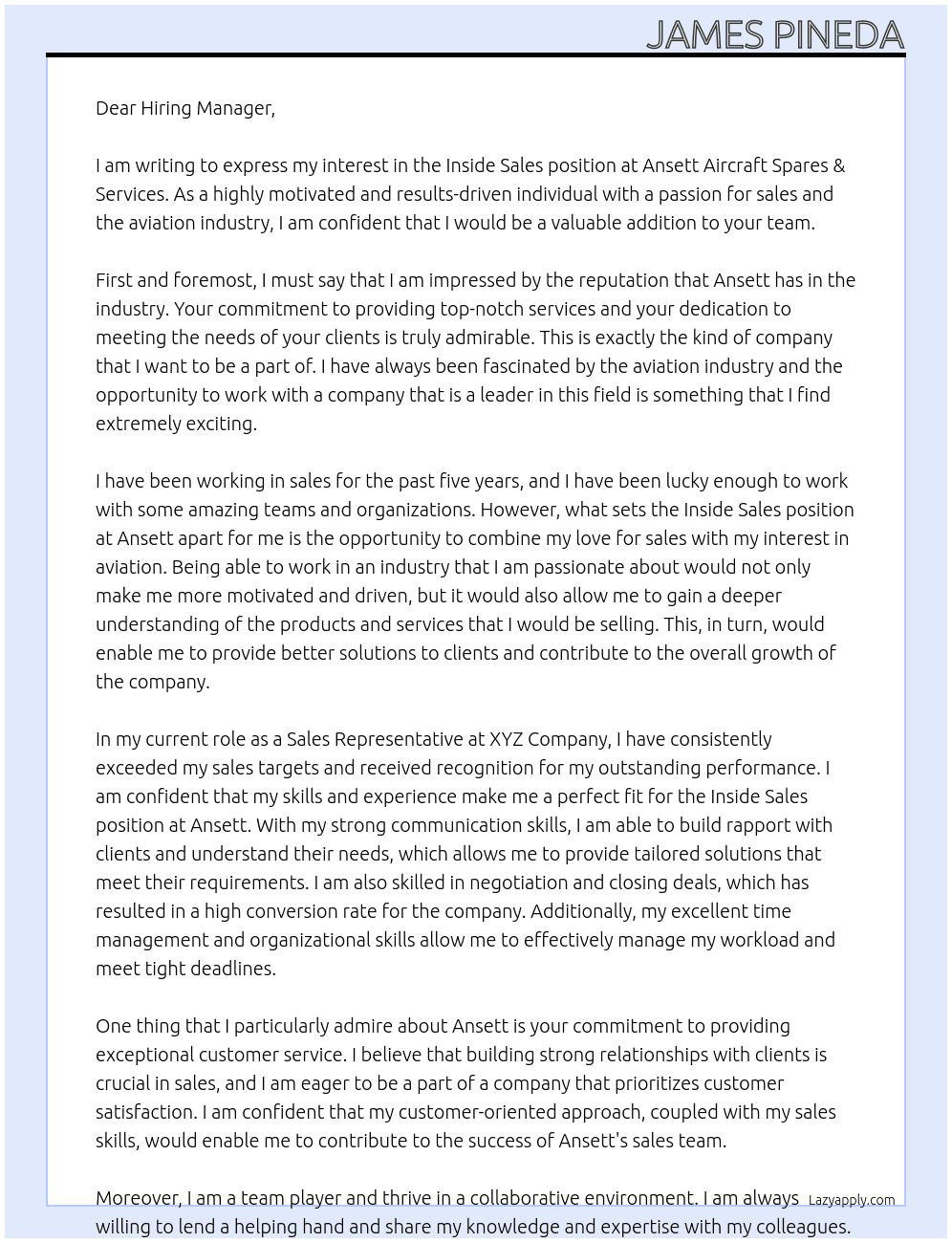 Inside Sales At Ansett Aircraft Spares & Services Cover Letter