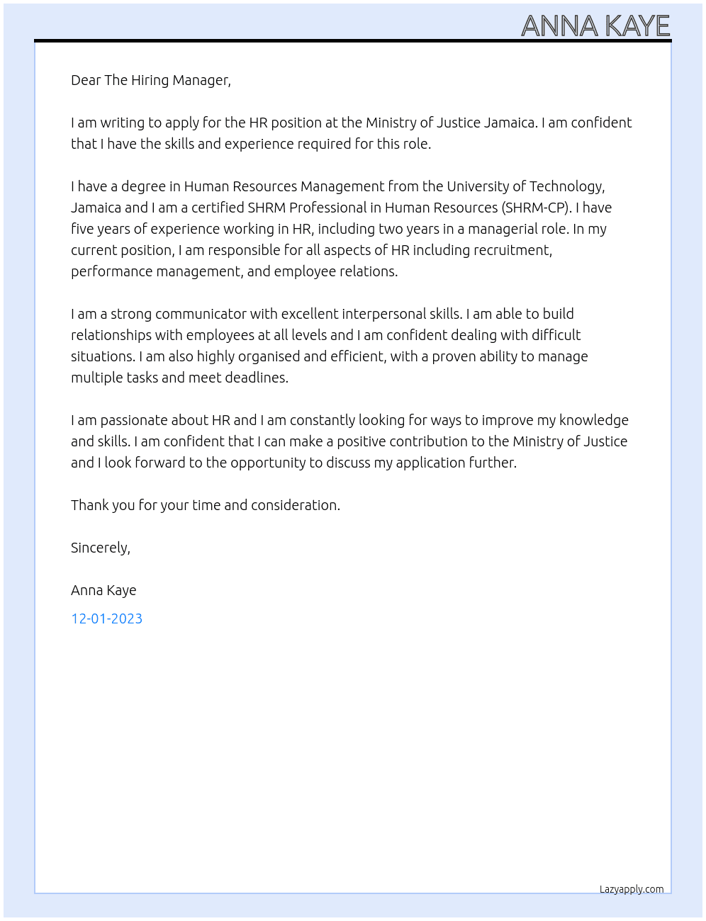 HR position At ministry of justice jamaica Cover Letter
