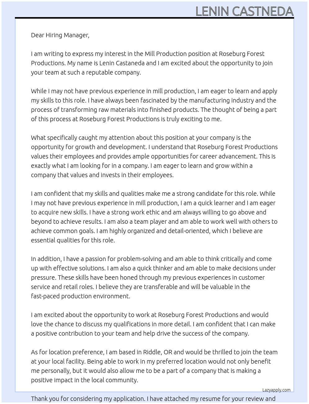 Mill Production At Roseburg Forest Productions Cover Letter