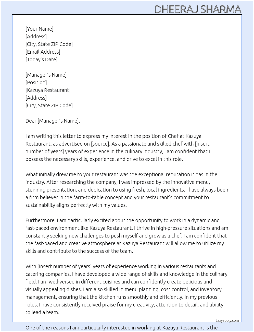 chef At kazuya restaurrant Cover Letter