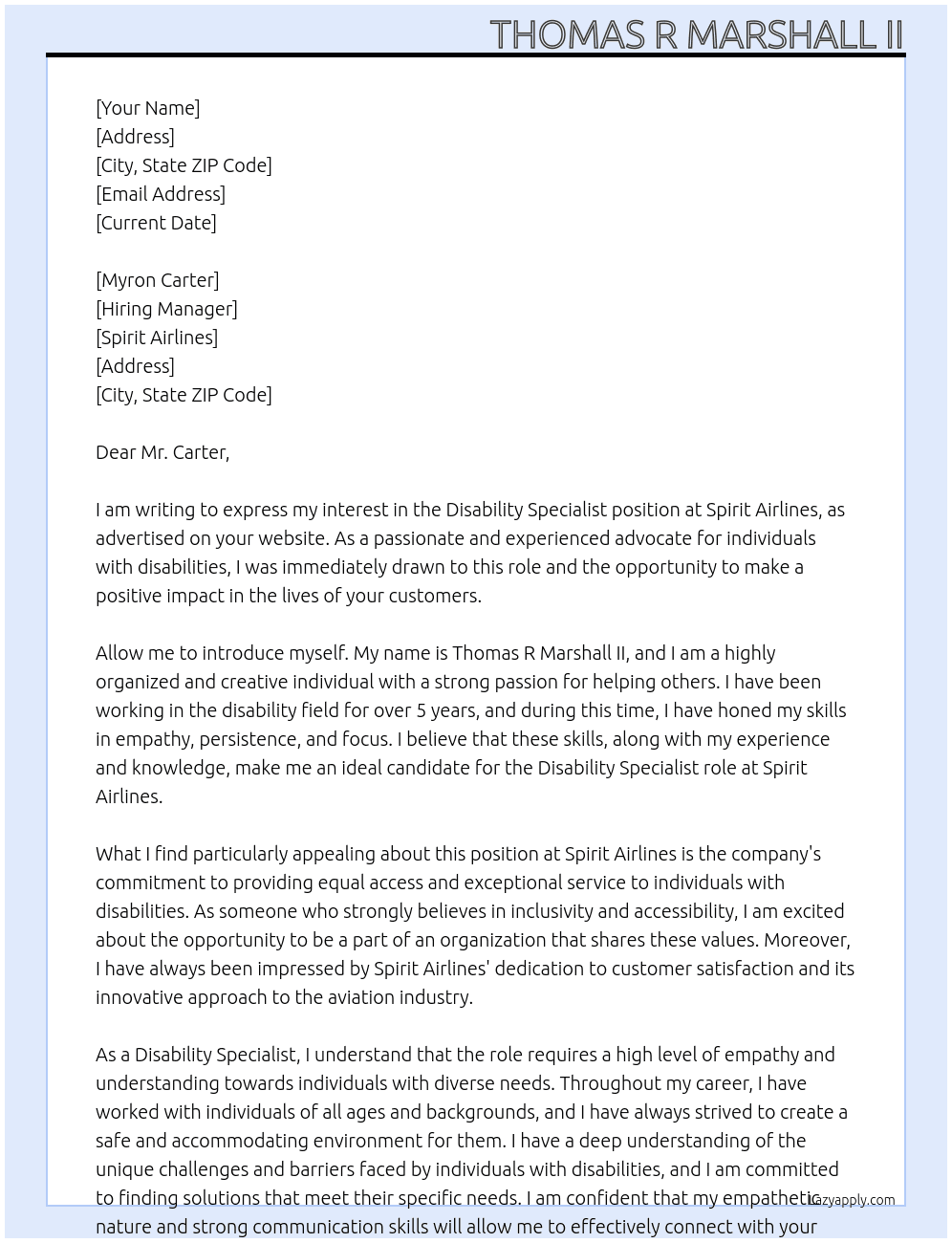 Disability Specialist At Spirit Airlines  Cover Letter