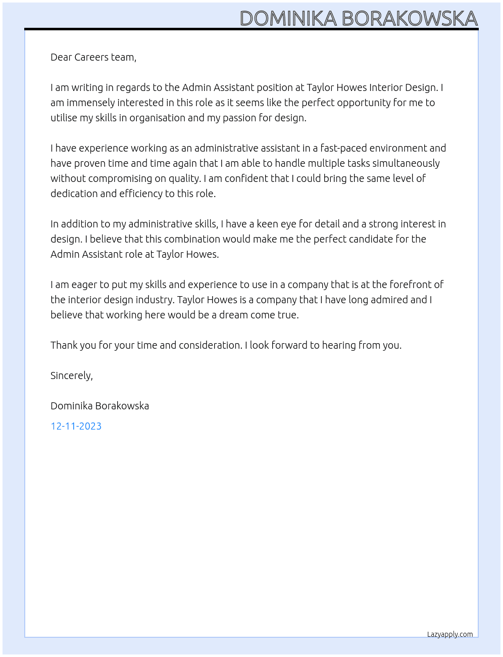 Admin Assistant  At Taylor Howes Interior Design  Cover Letter