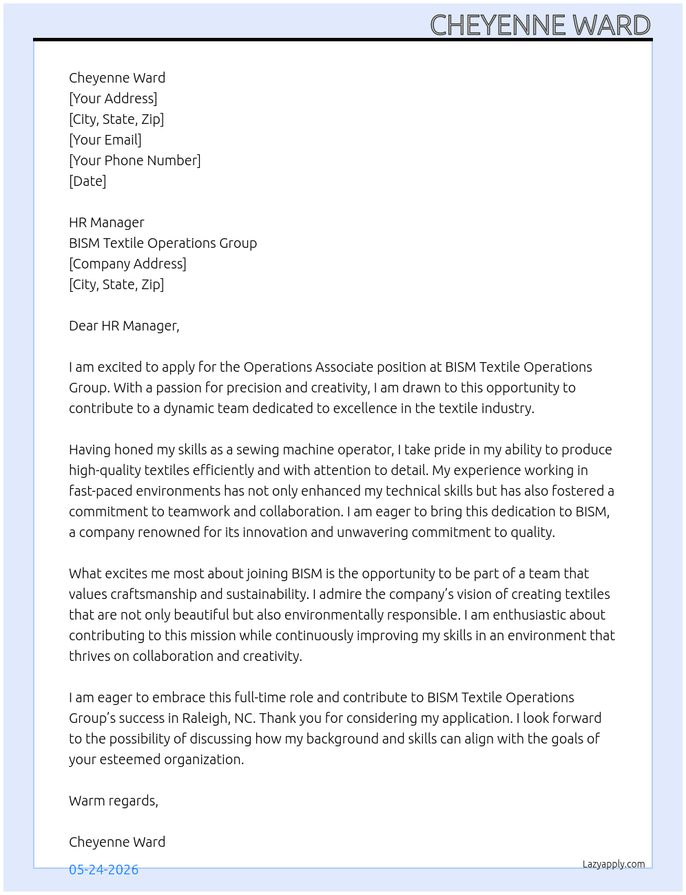 Operations Associate At BISM textile operations group Cover Letter