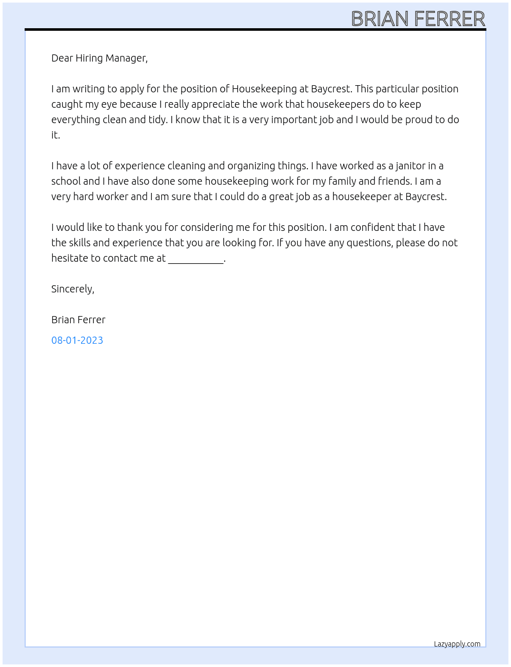 Housekeeping At Baycrest Cover Letter
