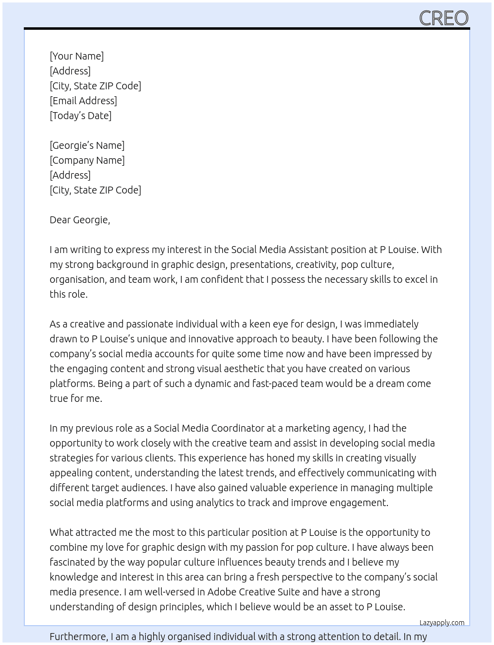 Social media assistant  At P Louise  Cover Letter