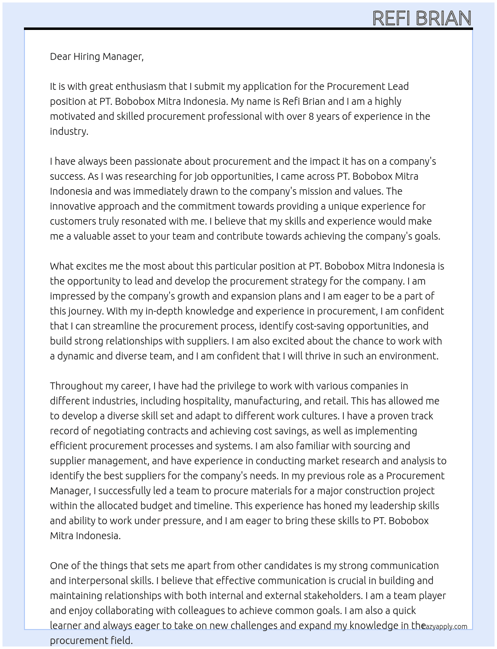 Procurement Lead At PT. Bobobox Mitra Indonesia Cover Letter