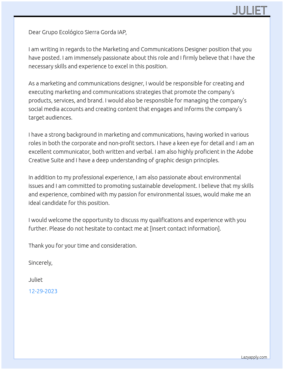 Marketing and Communications Designer At Grupo Ecológico Sierra Gorda IAP Cover Letter