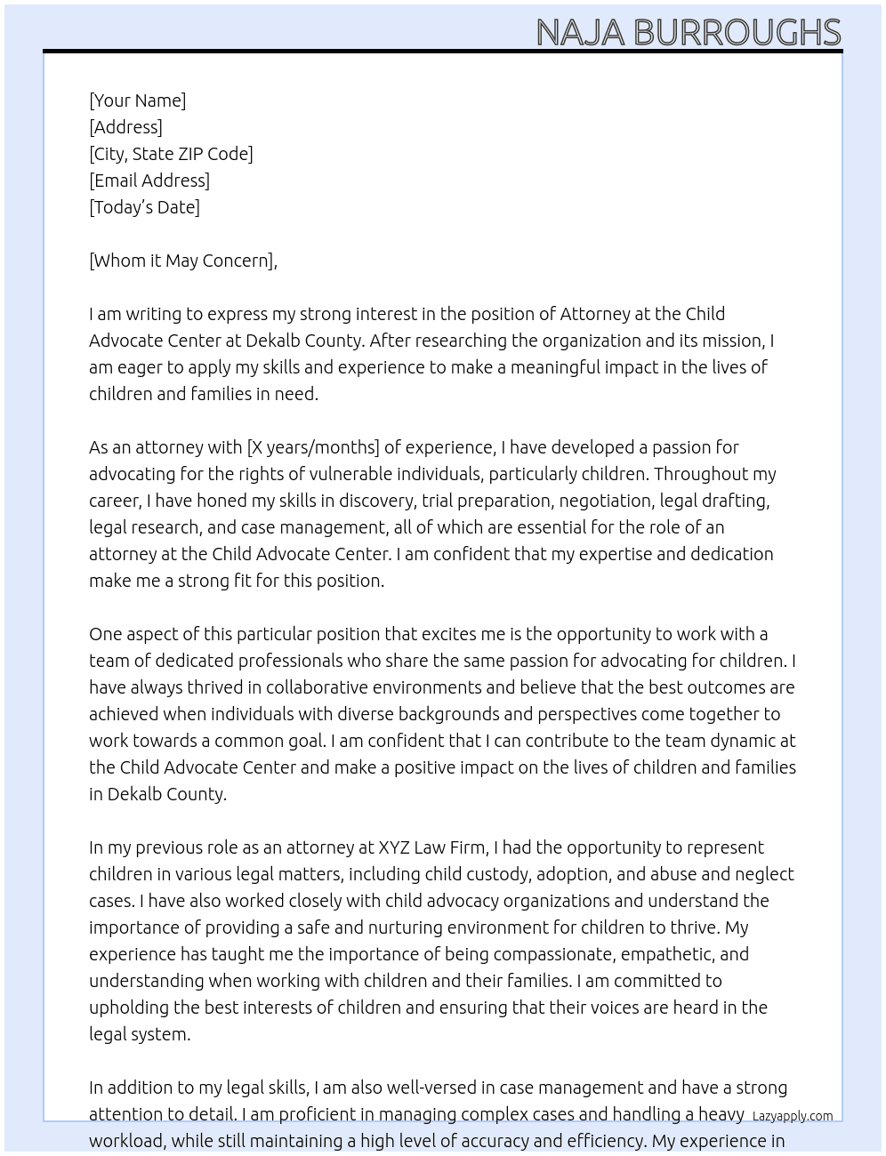 Attorney I Child Advocate Center At Dekalb County Cover Letter
