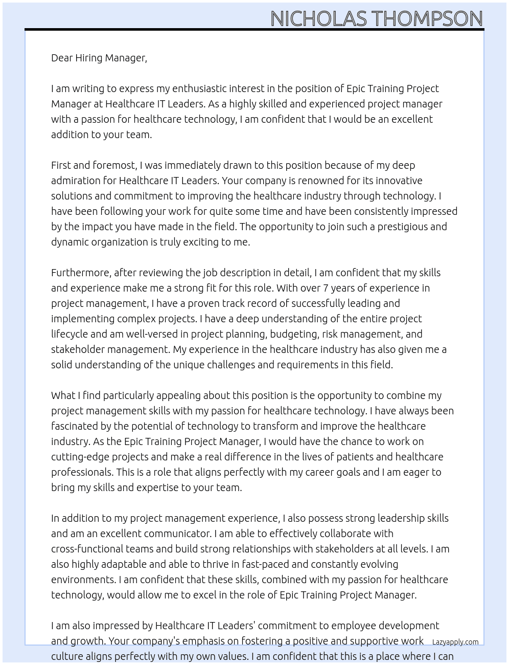 Epic Training Project Manager At Healthcare IT Leaders Cover Letter