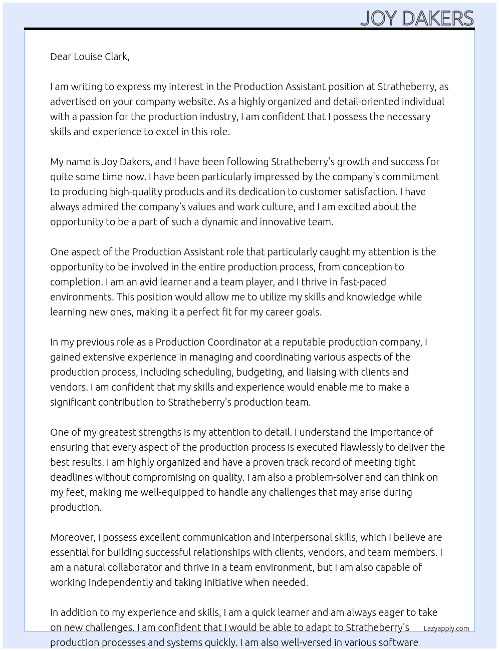Production Assistant At Stratheberry Cover Letter