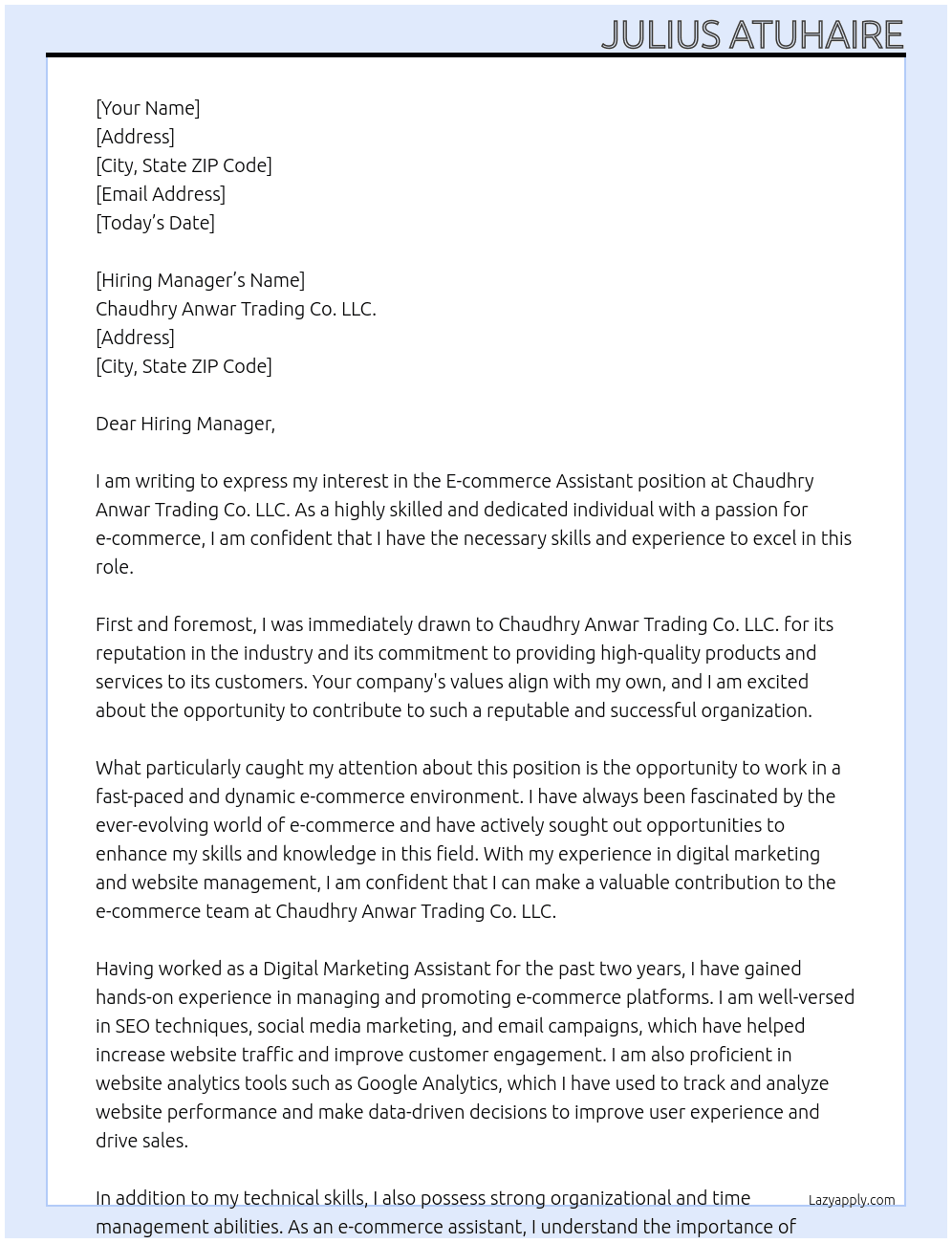 E-commerce assistant At Chaudhry Anwar Trading Co. LLC. Cover Letter