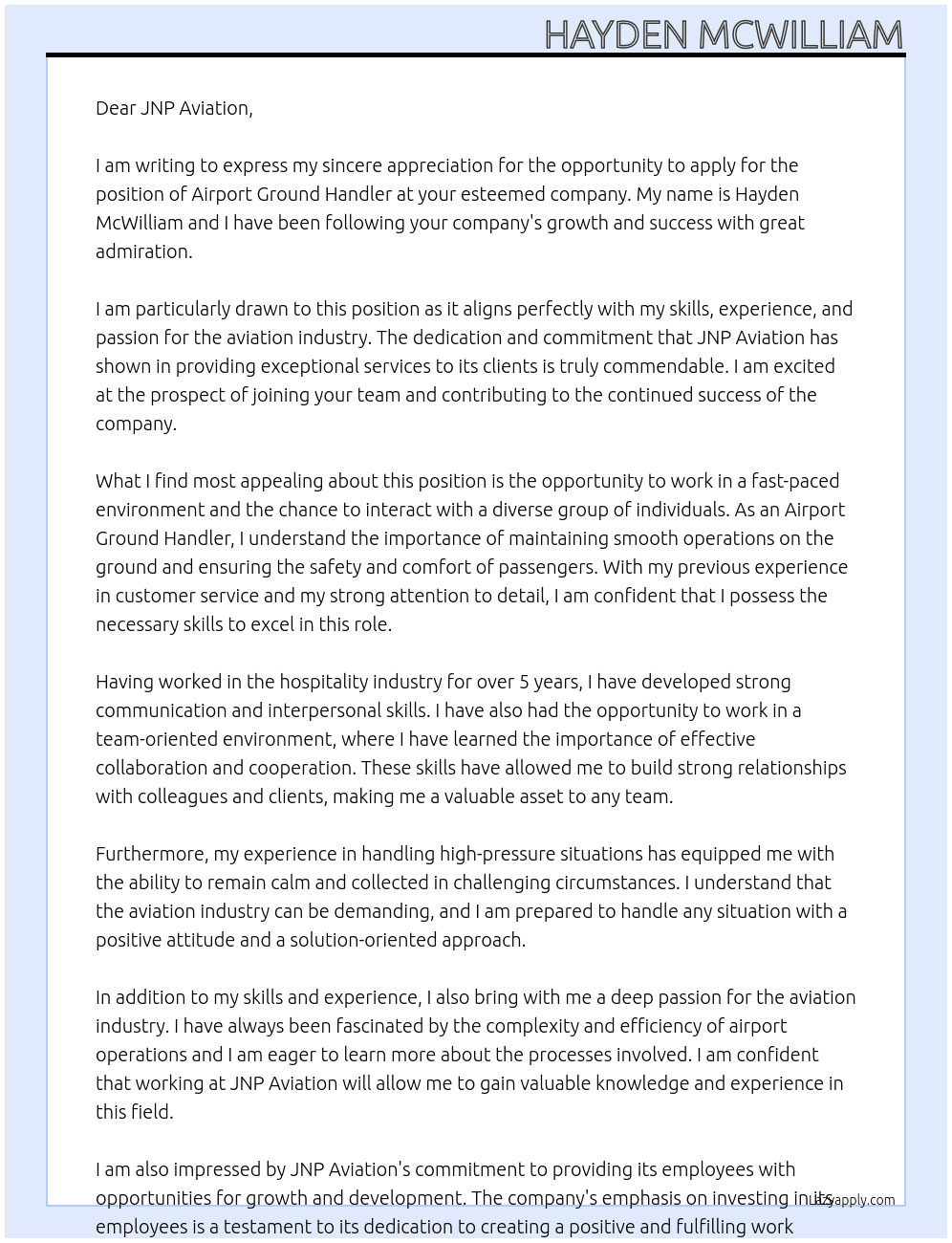 Airport ground handler At JNP aviation Cover Letter