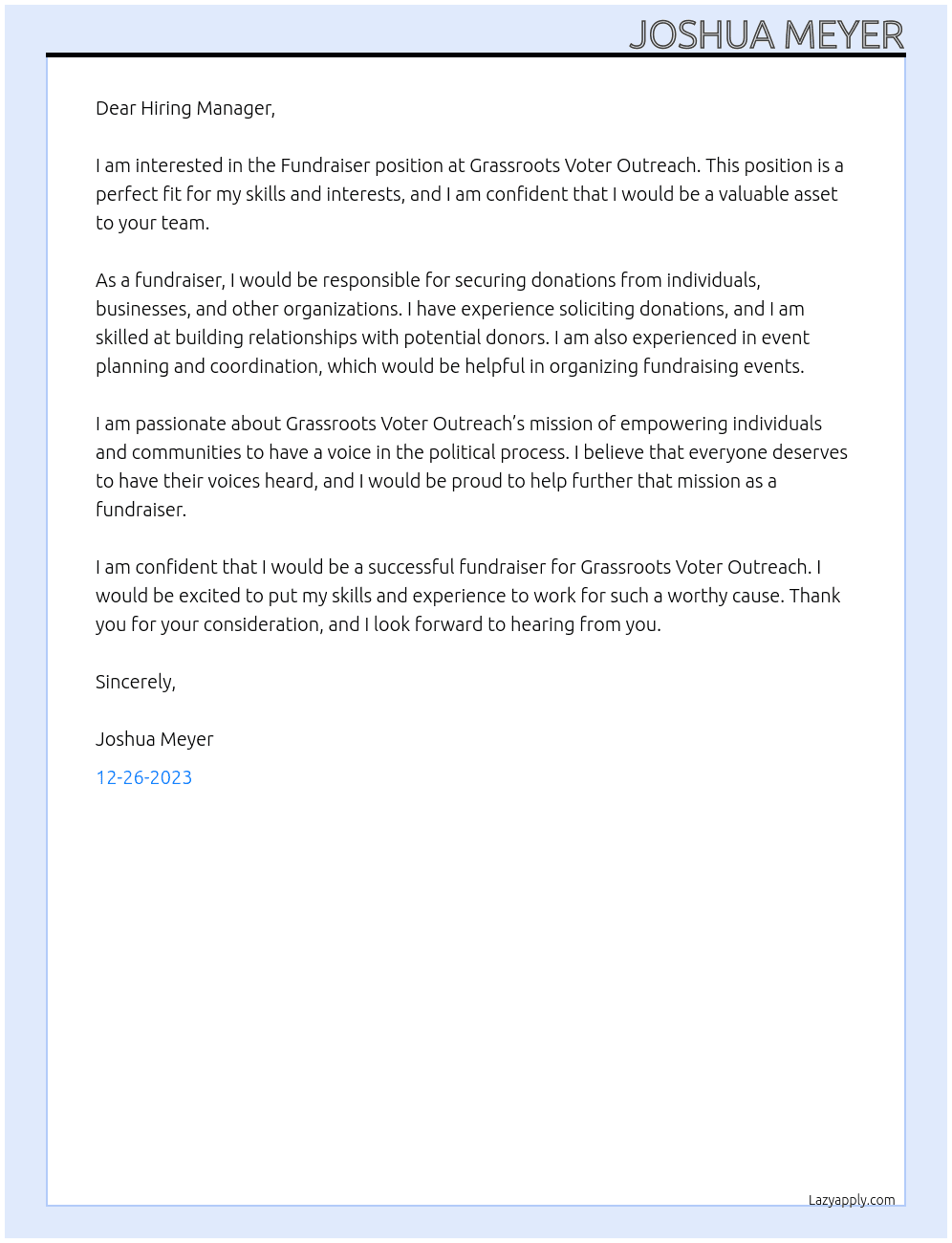 Fundraiser At Grassroots Voter Outreach Cover Letter