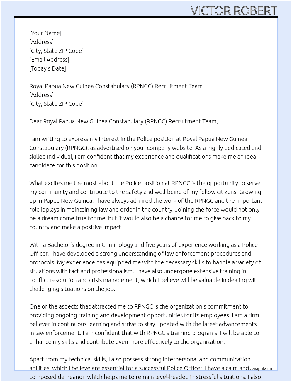 Police  At Royal Papua New Guinea Constabulary (RPNGC) Cover Letter