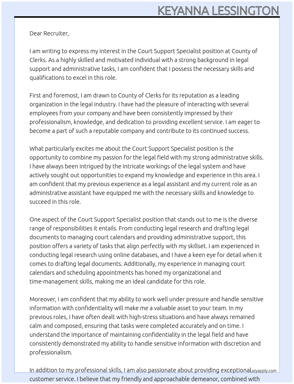 court support specialist At county of clerks Cover Letter
