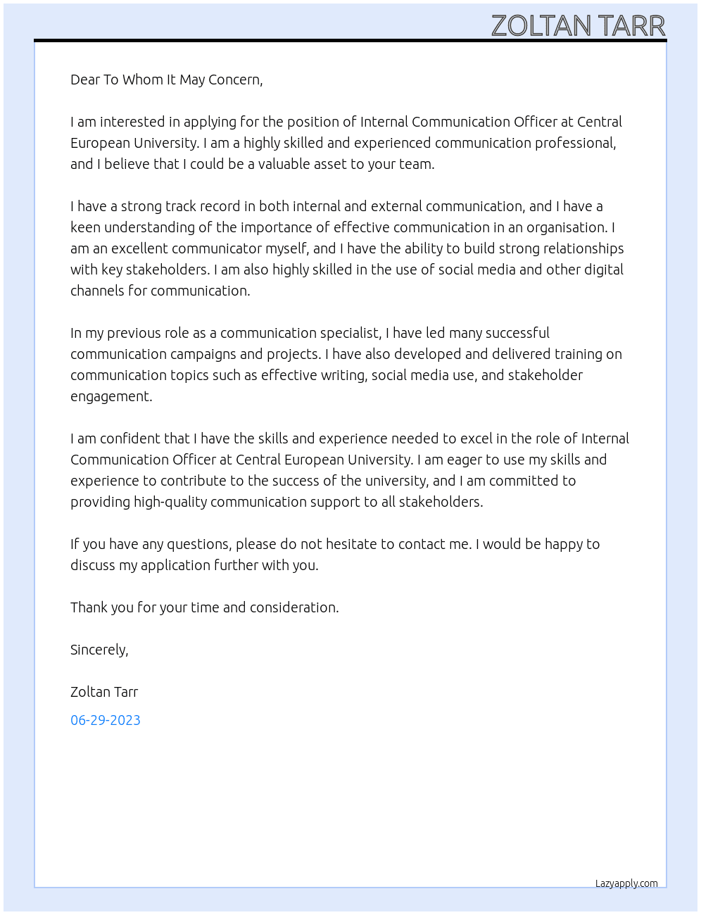 Internal Communication Officer At Central European University Cover Letter