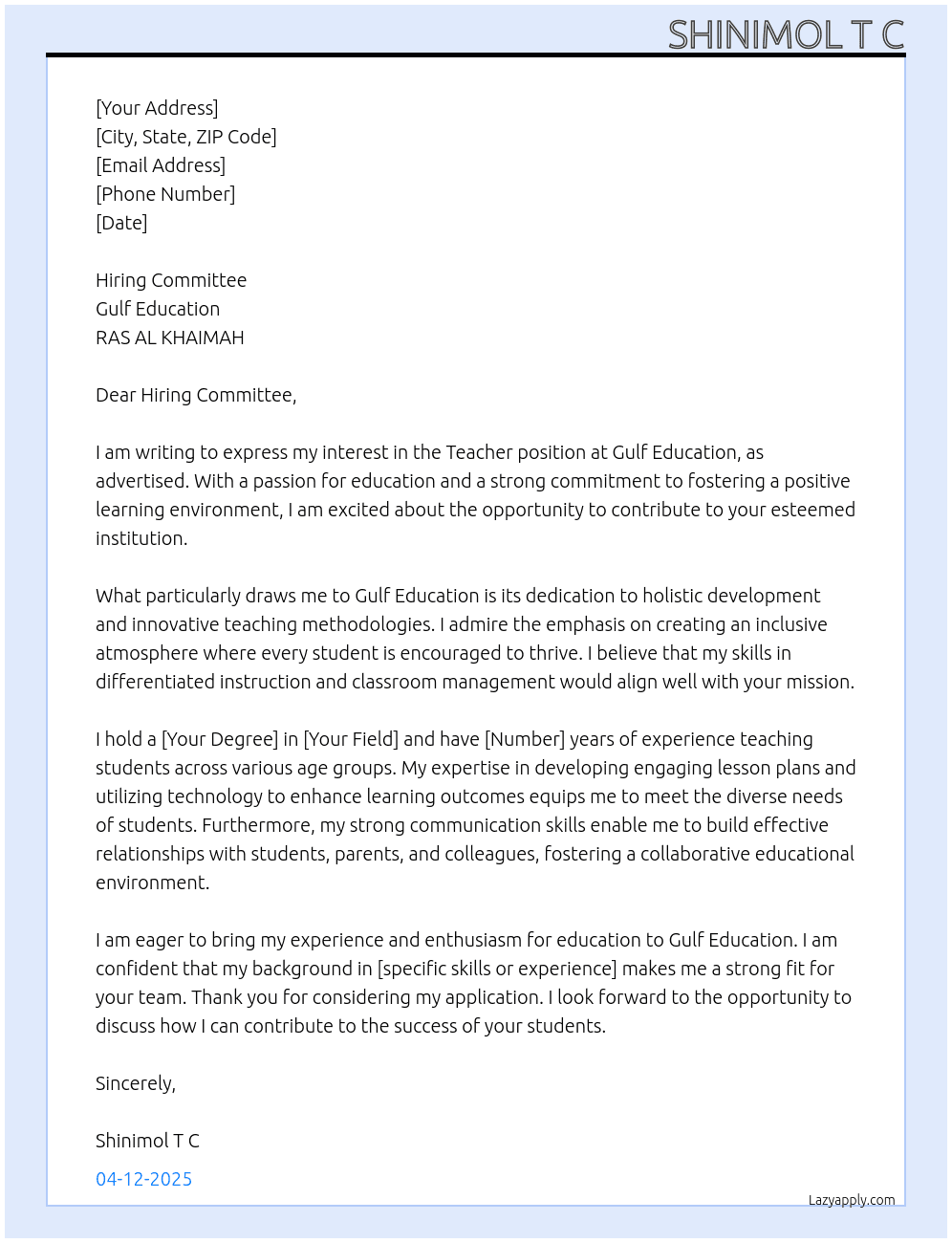 Teacher  At RAS AL KHAIMAH Cover Letter