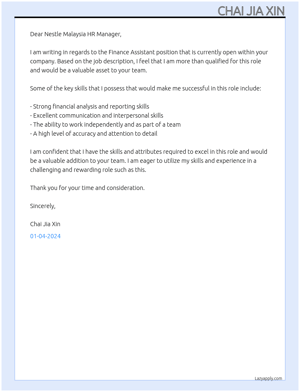 Finance assitant At Nestle Malaysia Cover Letter
