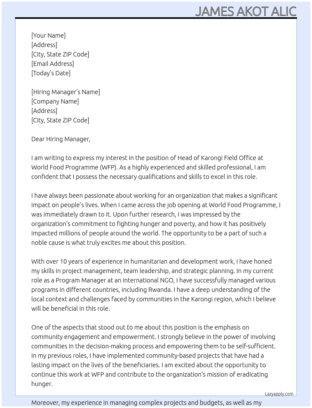 Head of Karongi Field Office At World Food Programme-WFP Cover Letter