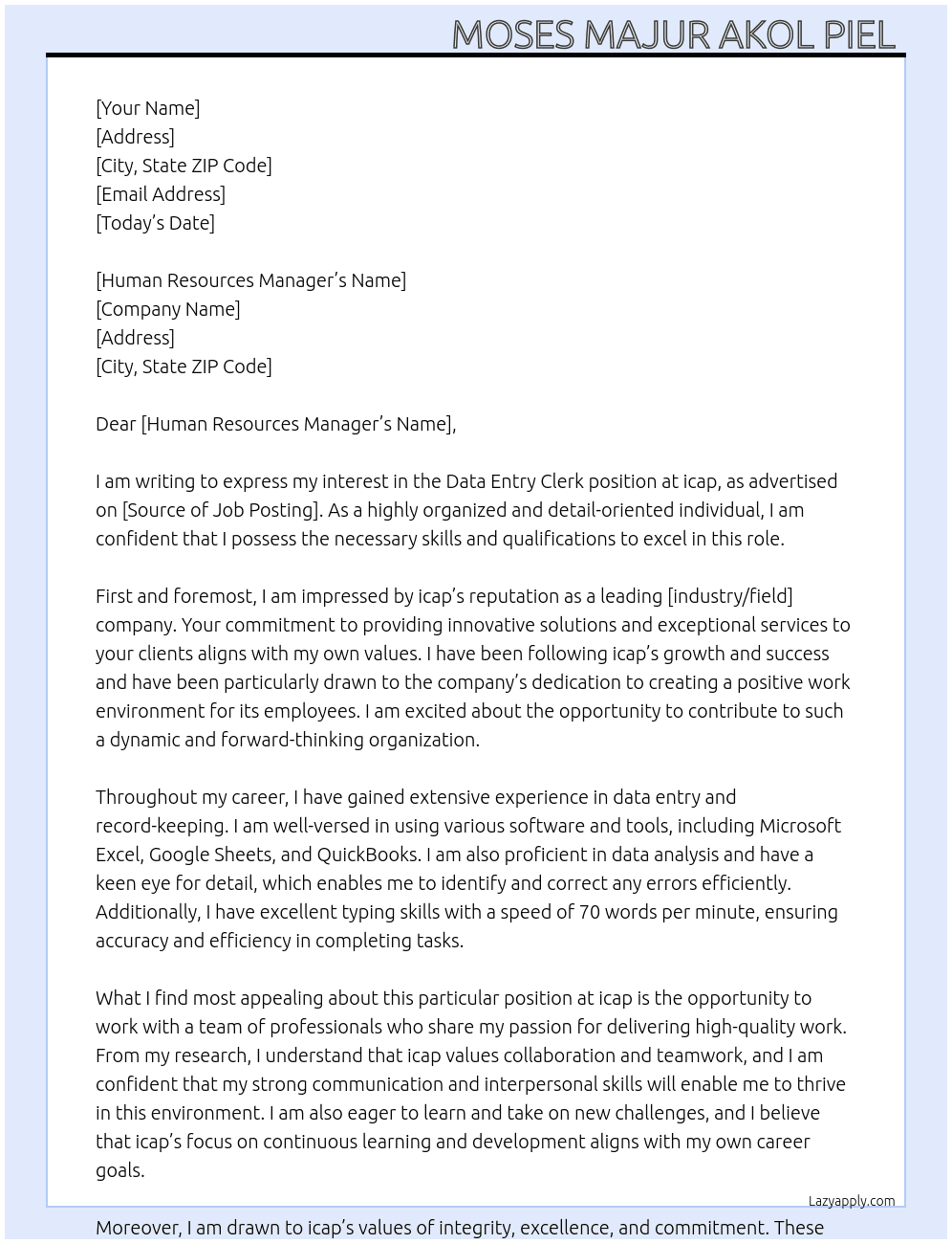 Data Entry Clerk  At icap Cover Letter