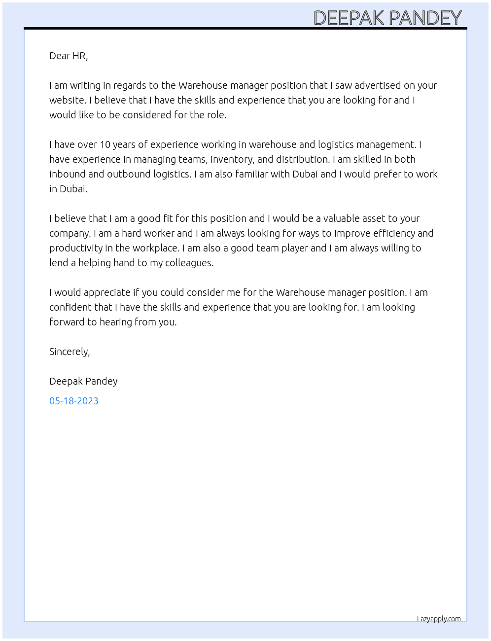 Warehouse manager  At AL Nadik Trading  Cover Letter