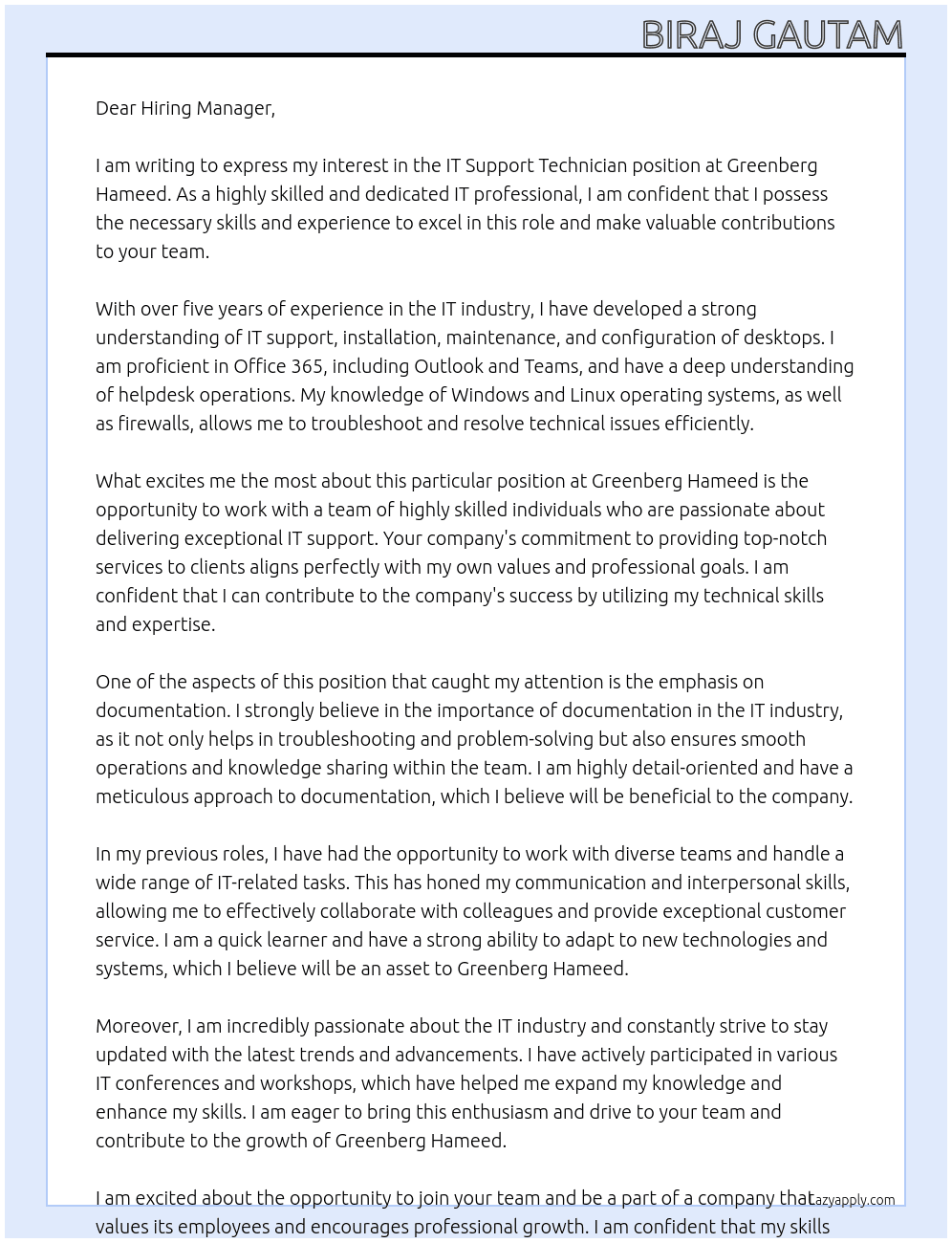 IT Support Technician At Greenberg Hameed Cover Letter