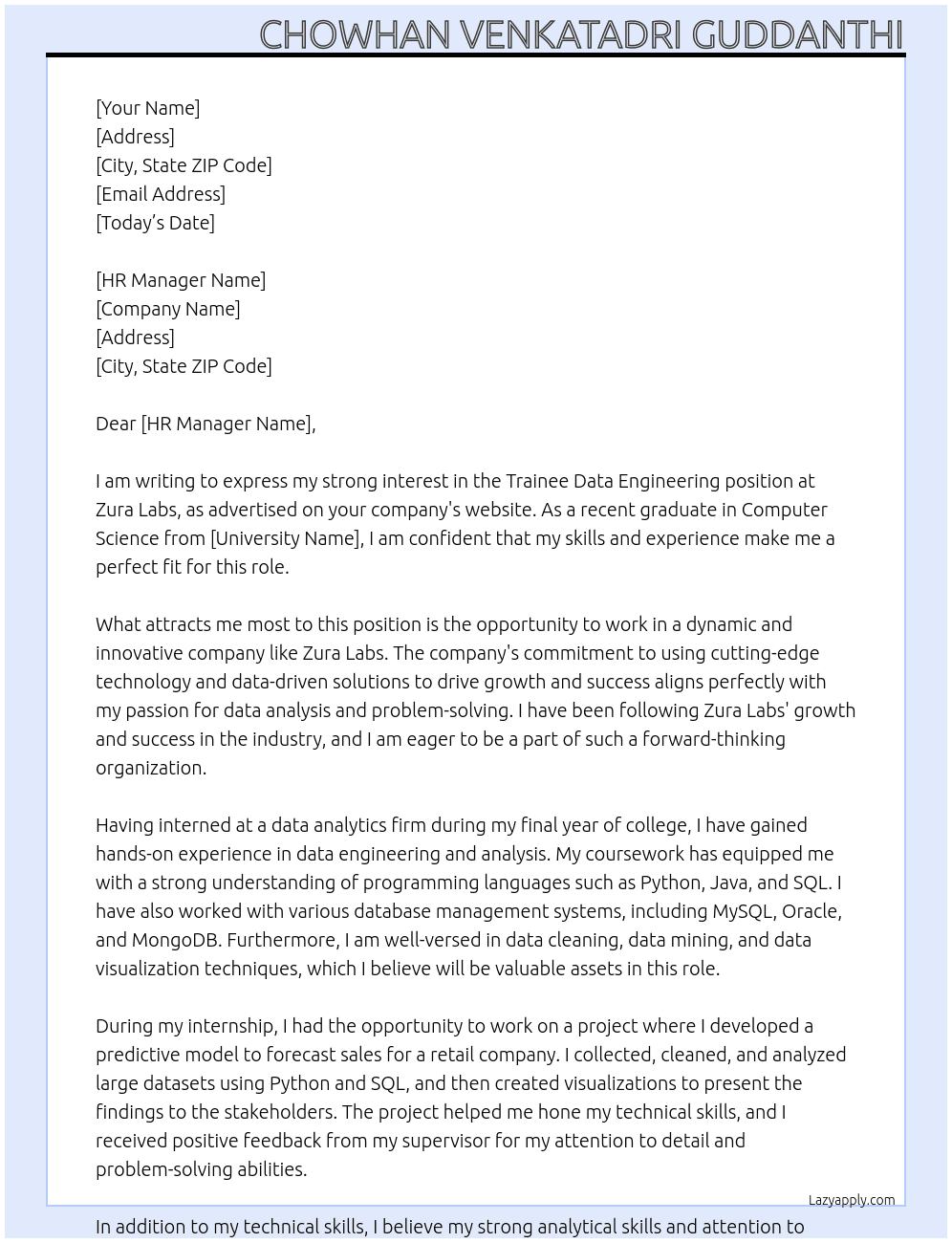 Trainee Data Engineering At Zura Labs Cover Letter
