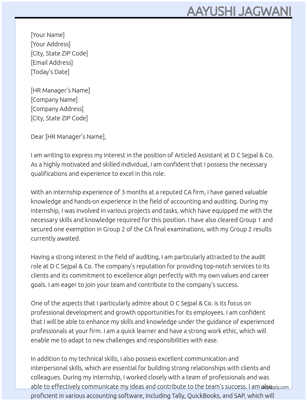 Articled Assisitant At D C Sejpal & Co. Cover Letter