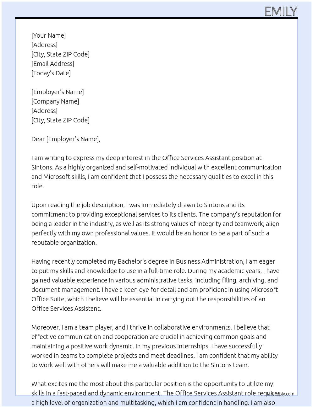 Office Services Assistant At Sintons Cover Letter