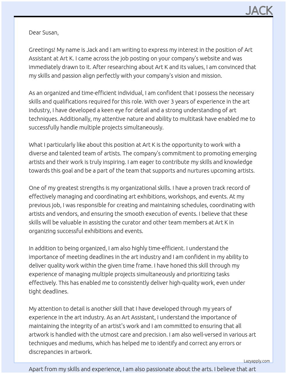Art Assistant At Art K Cover Letter