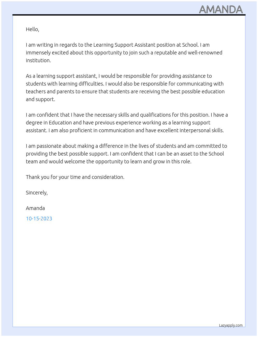 Learning support assistant  At School  Cover Letter