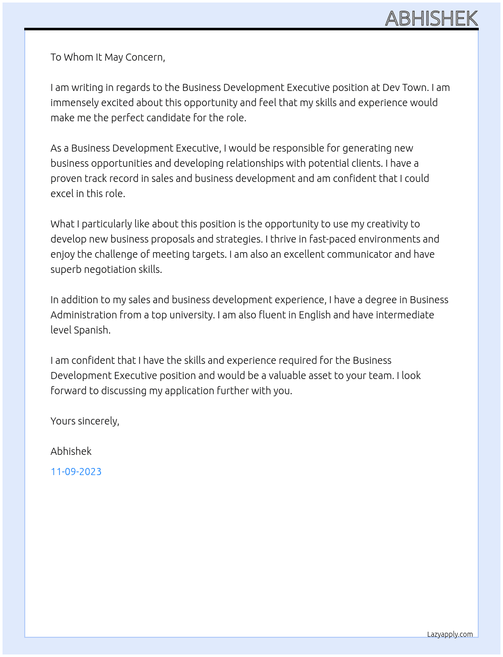 Business Development Excutive At Dev Town Cover Letter