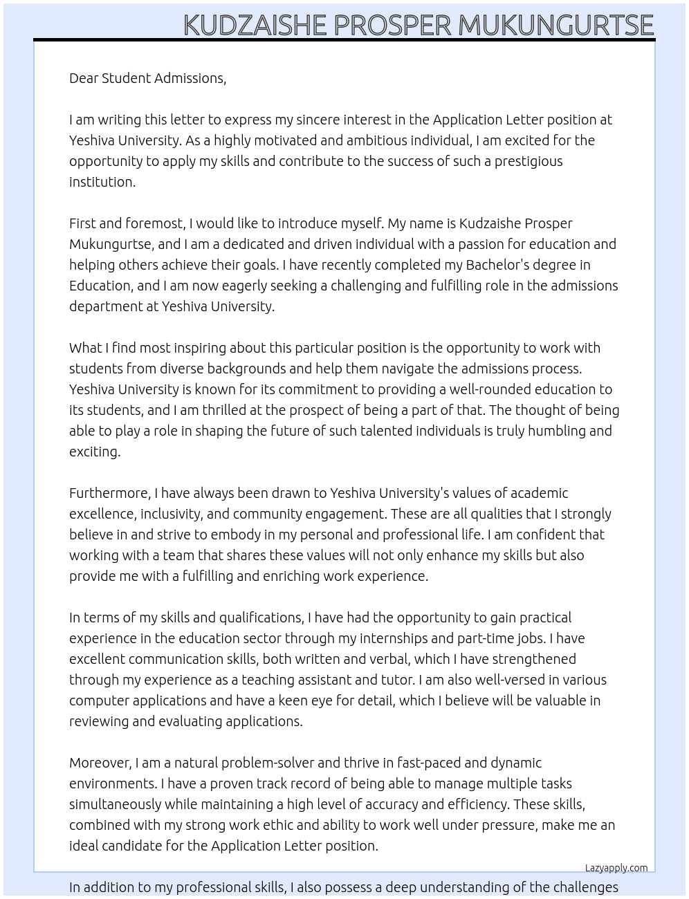 Application Letter At Yeshiva University Cover Letter