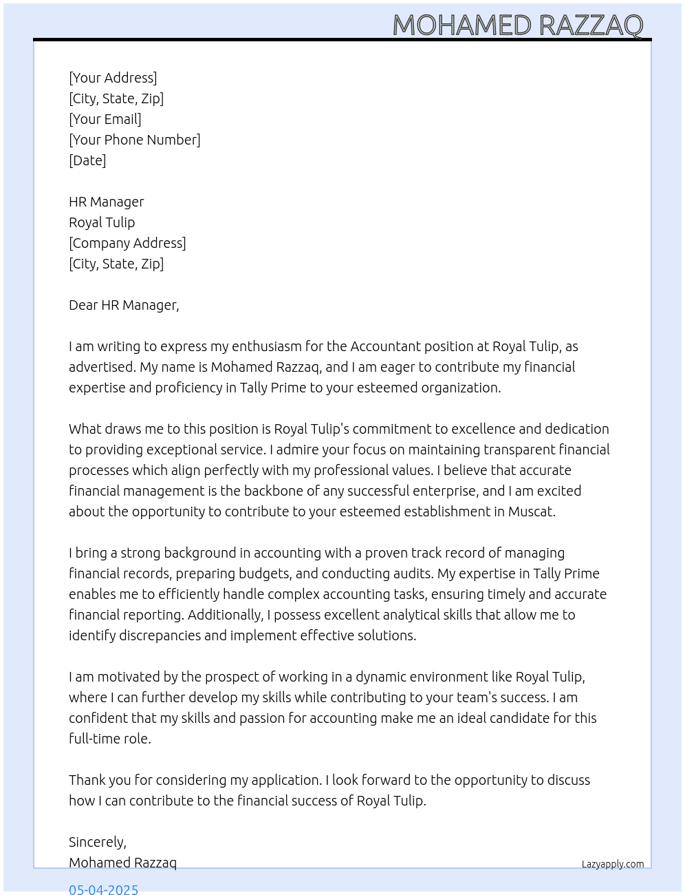 Accountant  At Royal tulip  Cover Letter