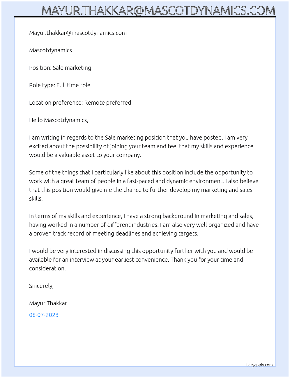 Sale marketing  At Mascotdynamics Cover Letter
