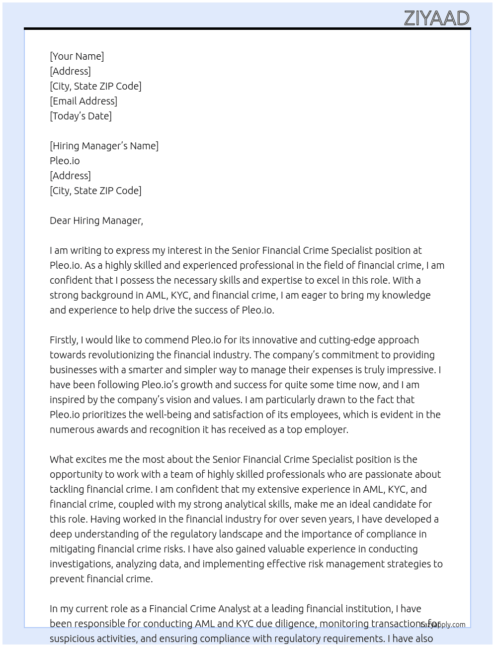 Senior Financial Crime Specialist At Pleo.io Cover Letter