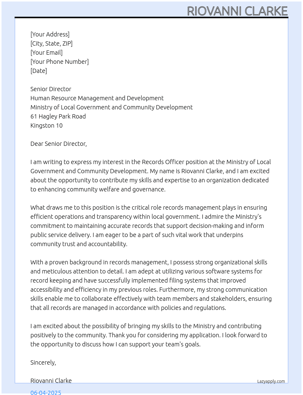Records Officer At Ministry of Local Government and Community Development Cover Letter
