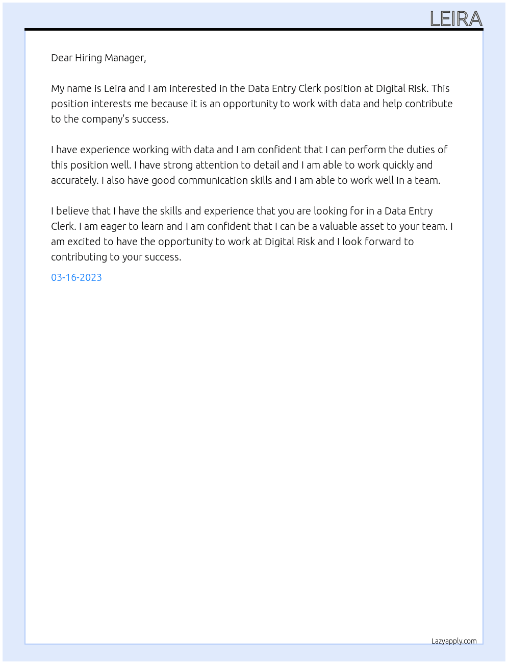 Data Entry Clerk At Digital Risk Cover Letter